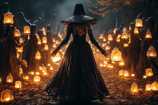 Happy Halloween with Spooky Decorations and Witches in a Mysterious Autumn Night