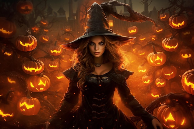 Happy Halloween with Spooky Decorations and Witches in a Mysterious Autumn Night