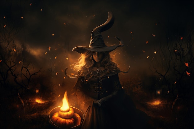 Happy Halloween with Spooky Decorations and Witches in a Mysterious Autumn Night