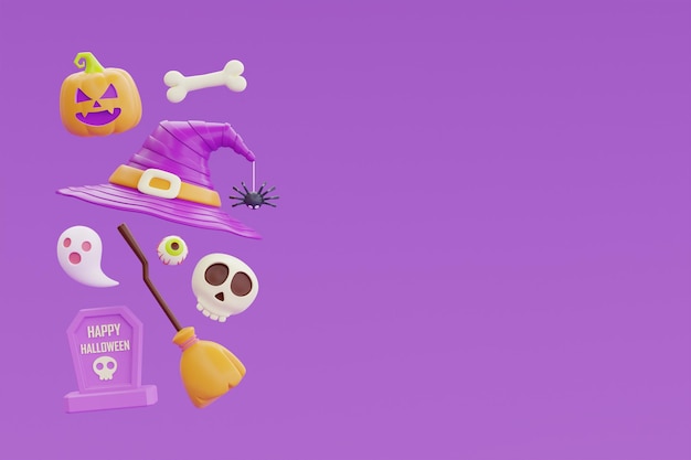 Happy Halloween with witch hat bones skull grave pumpkin and broom floating on purple background 3d rendering