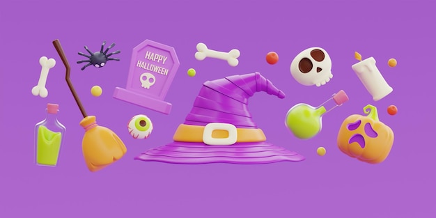 Happy Halloween with witch hat bones skull grave pumpkin colorful candies and sweets floating on purple background 3d rendering