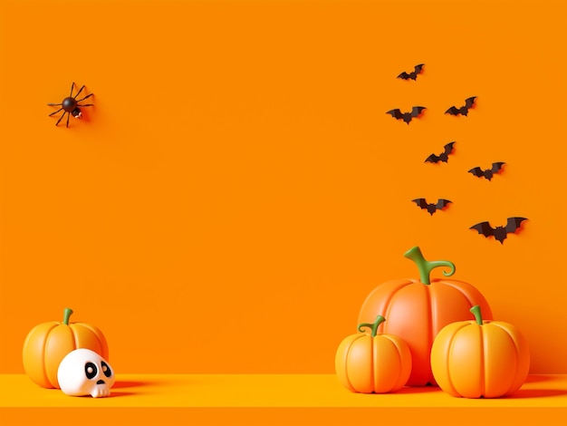 Happy Halloween yellow stage with pumpkins 3d illustration