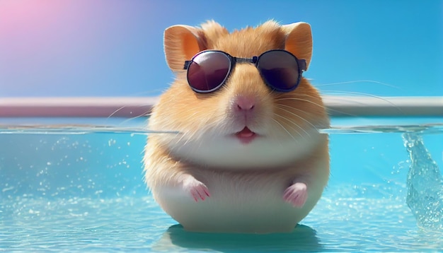 Happy Hamster having fun at summer holidays in a swimming pool