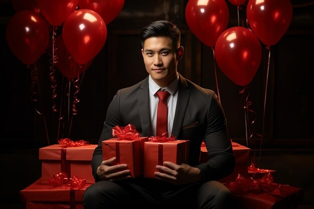 happy handsome asian man holds red and pink gift box valentines day on black