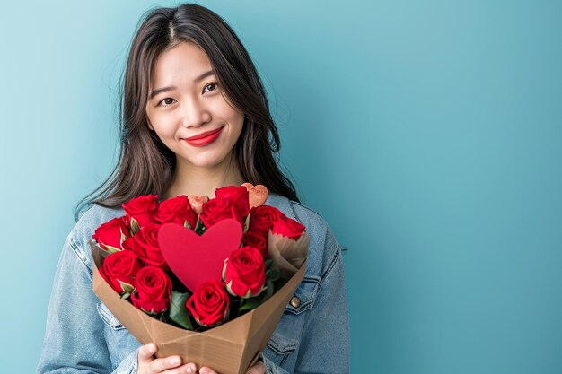 happy handsome asian woman holds red and pink gift box valentines day blue background