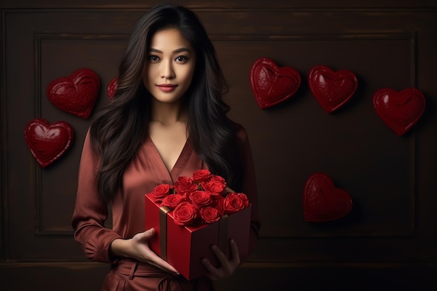 happy handsome asian woman holds red and pink gift box valentines day brown background