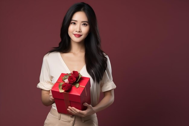 happy handsome asian woman holds red and pink gift box valentines day burgundy background