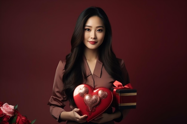 happy handsome asian woman holds red and pink gift box valentines day burgundy background