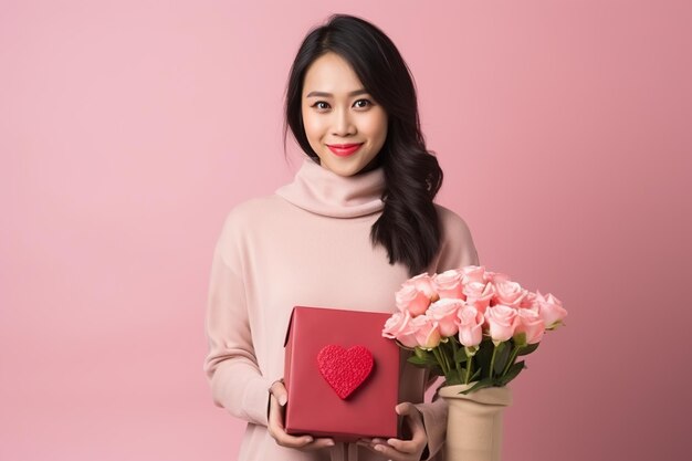 happy handsome asian woman holds red and pink gift box valentines day