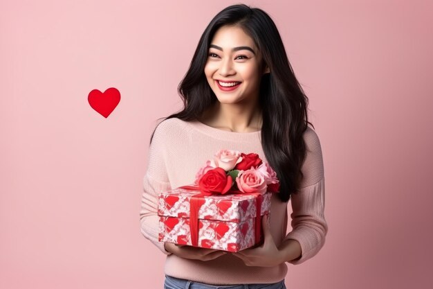 happy handsome asian woman holds red and pink gift box valentines day