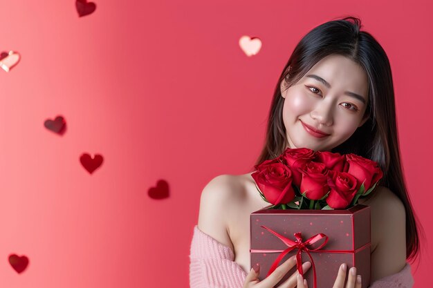 happy handsome asian woman holds red and pink gift box valentines day