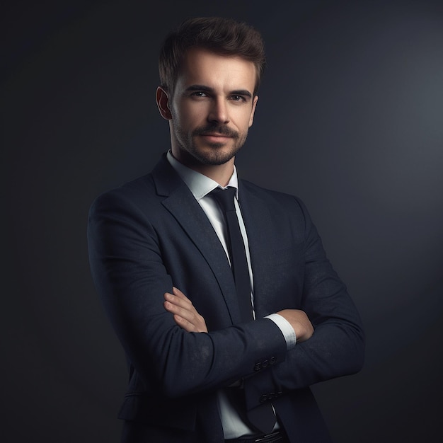 Happy handsome businessman against minimalist backdrop with crossed arms Generative AI