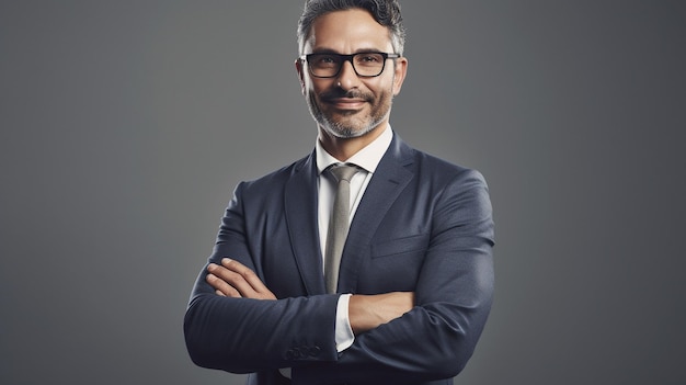 Happy handsome businessman against minimalist backdrop with crossed arms Generative AI