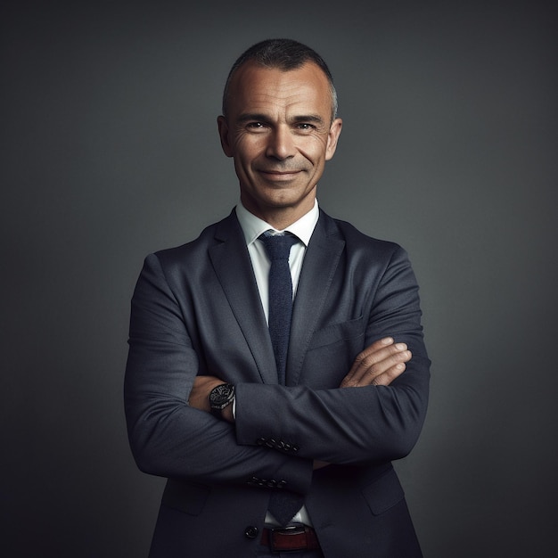 Happy handsome businessman against minimalist backdrop with crossed arms Generative AI