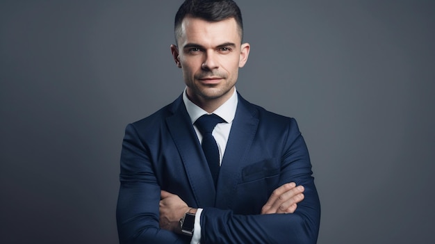 Happy handsome businessman against minimalist backdrop with crossed arms Generative AI