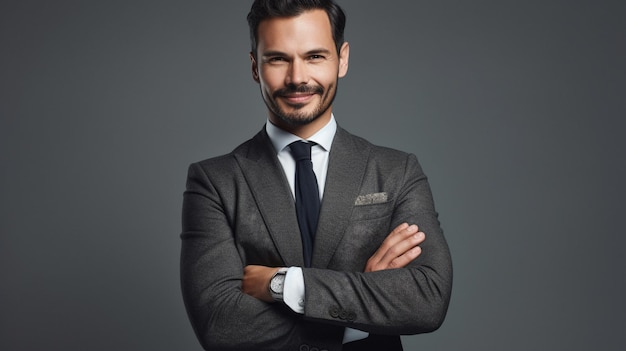 Happy handsome businessman against minimalist backdrop with crossed arms Generative AI