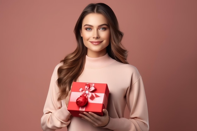 happy handsome caucasian woman holds red and pink gift box valentines day brown background