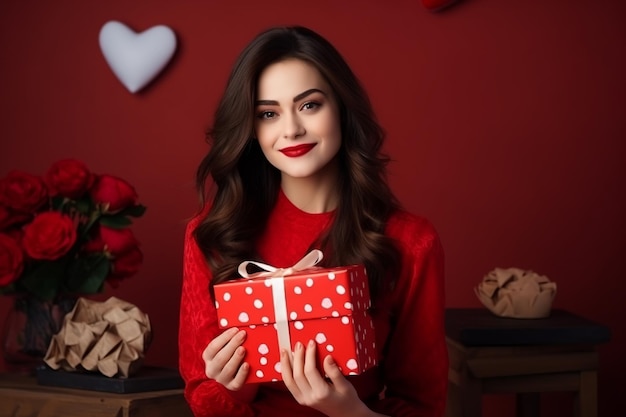 happy handsome caucasian woman holds red and pink gift box valentines day red background