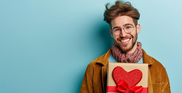 happy handsome man holds red and pink gift box valentines day on blue