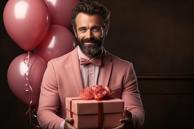 happy handsome man holds red and pink gift box valentines day on brown