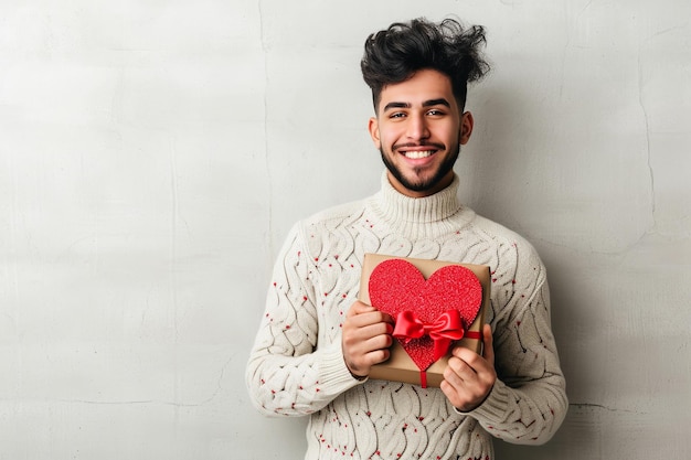 happy handsome man holds red and pink gift box valentines day on gray