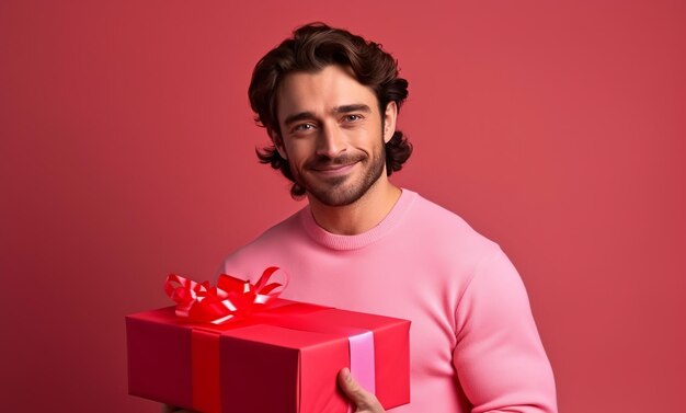 happy handsome man holds red and pink gift box valentines day on pink