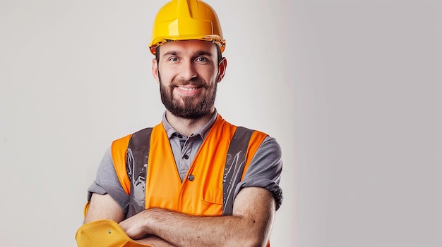 Photo a happy handsome young worker with uniform and helmet