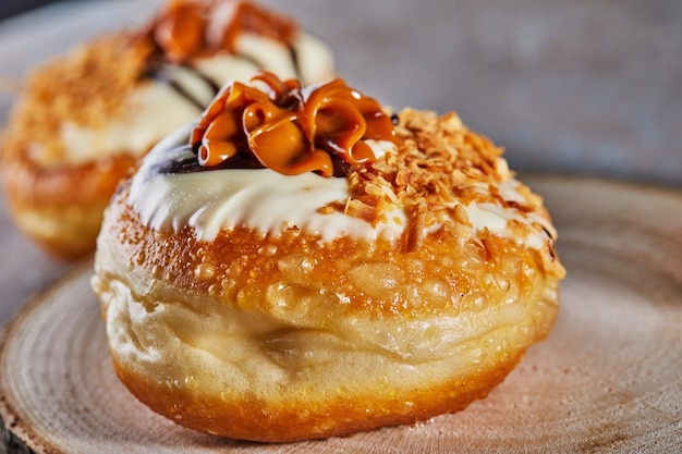 Happy Hanukkah and Hanukkah Sameach is a traditional Jewish donut with Dulce de Leche and chocolate