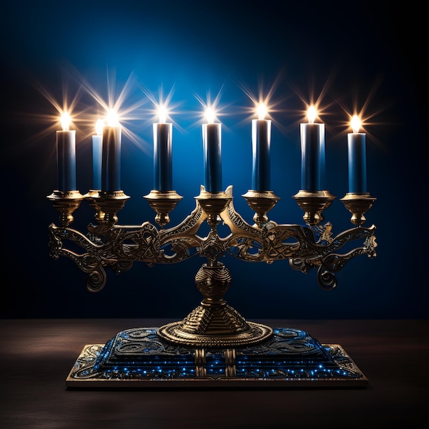 happy Hanukkah Menorah candle holder with candles on it