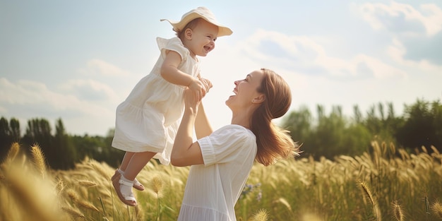 Happy harmonious family outdoors mother throws baby up laughing and playing in the summer