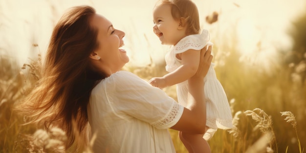 Happy harmonious family outdoors mother throws baby up laughing and playing in the summer