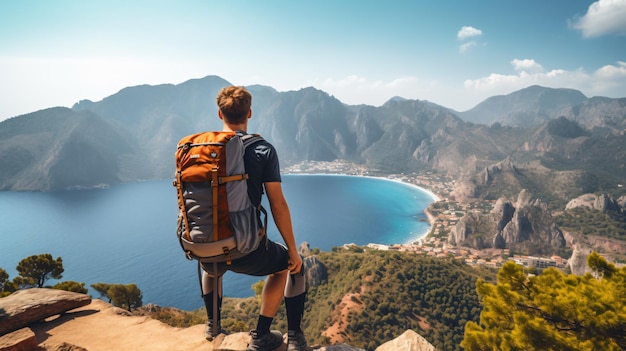 Happy hiker man with trekking backpack at a viewpoint