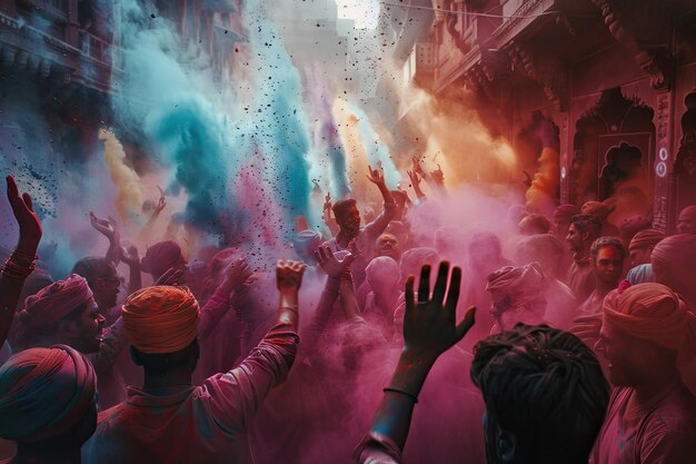 Photo happy hindu indian people celebrate holi festival by throwing colorful powder at each other