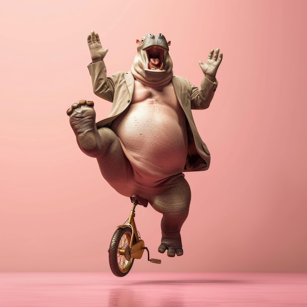 Photo a happy hippopotamus balancing and riding a vintage unicycle on pink background with its mouth open