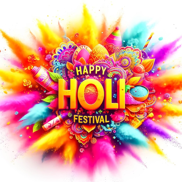 Happy Holi colored powder explosion spread of colors on a white background design