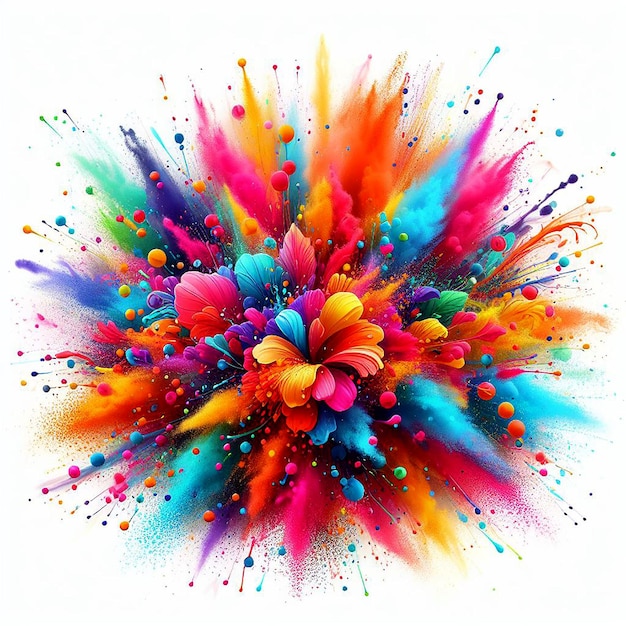 Happy Holi colorful mixed rainbow powder explosion isolated on white background