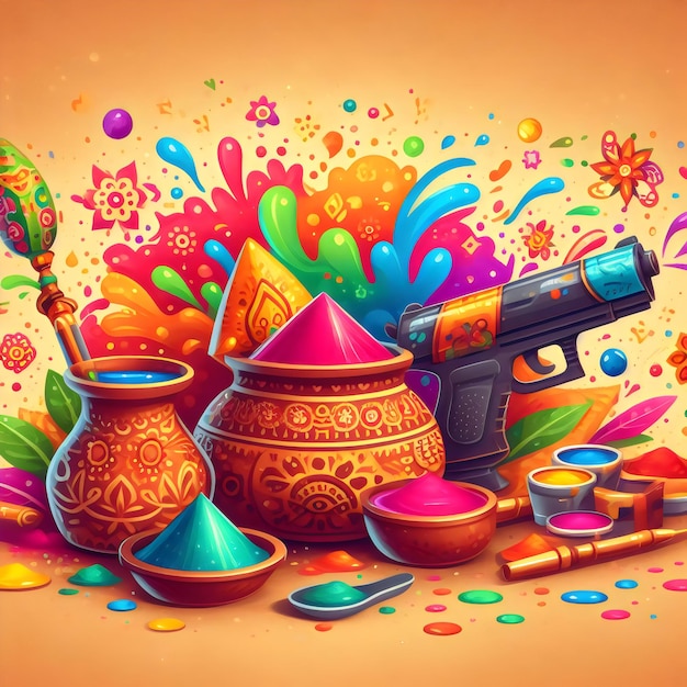 Happy holi festival illustration with colorful liquid splatter gulal in clay pot and watergun Ai gen