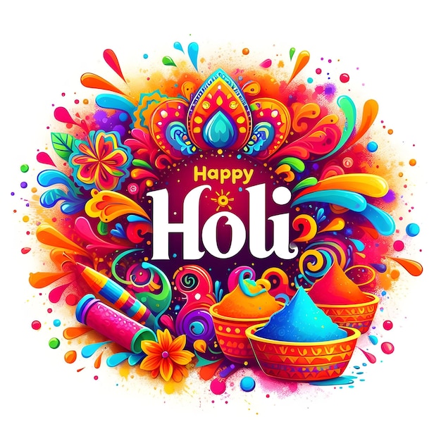 Happy Holi wishes 3d text colorful png background illustration