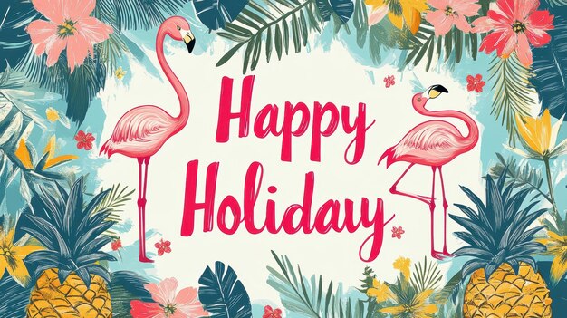 Photo happy holiday tropical illustration with flamingos