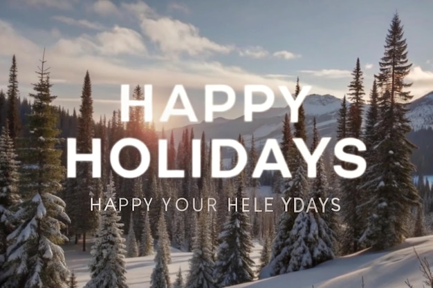 Photo happy holidays poster on the side of a mountain with snow covered trees in the background