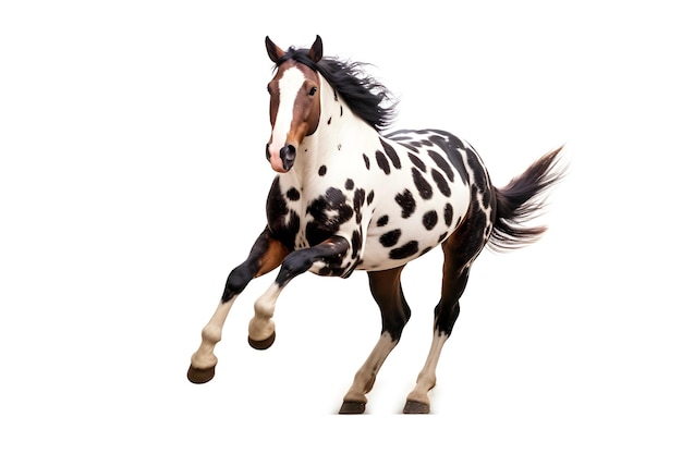 Happy horse prancing pure white background high contrast welllit sharp focus