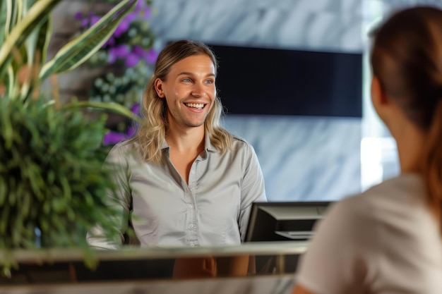 Photo happy hotel receptionist having conversation with client