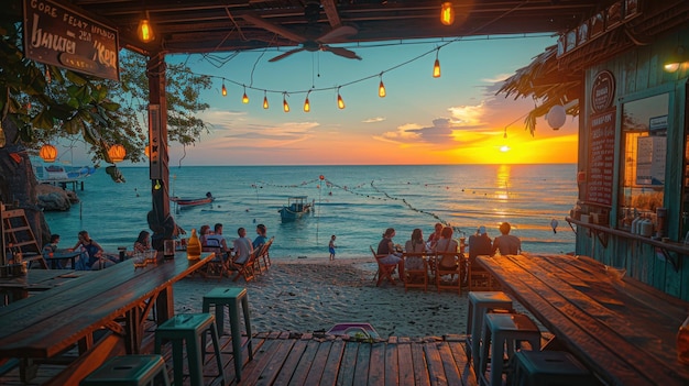 Happy Hour Bliss at a Vibrant Beach Bar during Sunset Captured with a Nikon D7200 and 35mm f18 Lens