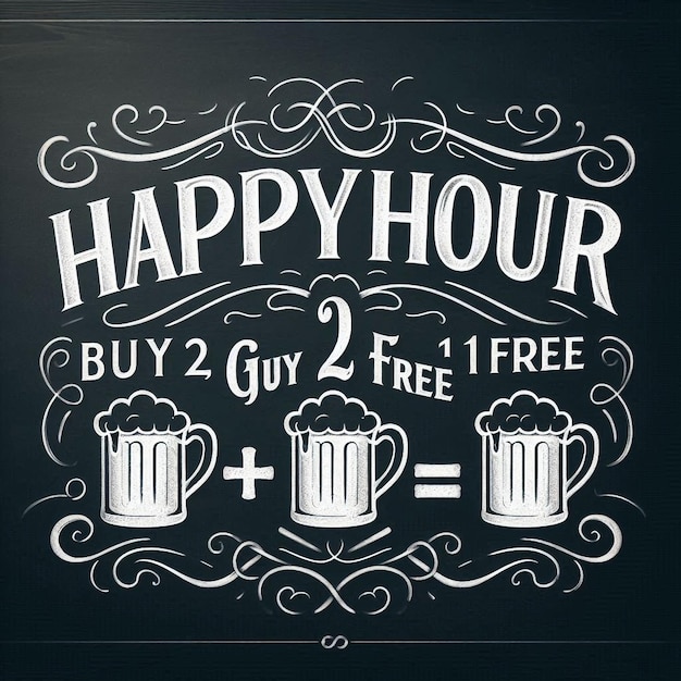 Photo happy hour calligraphy hand lettering chalkboard special offer banner