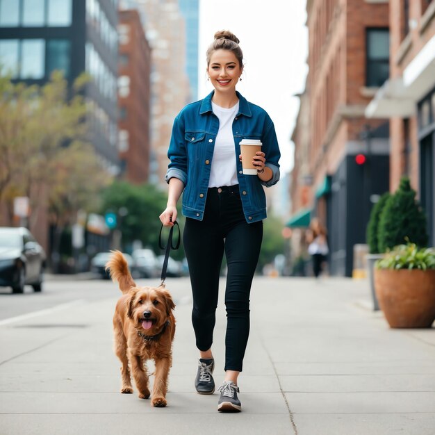 Photo happy human and dog walking through the park