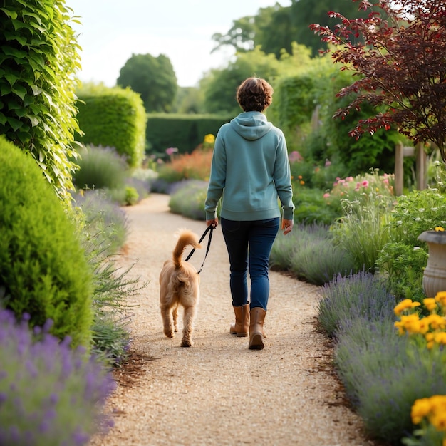 Photo happy human and dog walking through the park