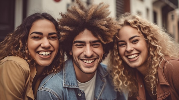 Happy and humorous Generative AI a group of pals of different races enjoying the city's outdoors