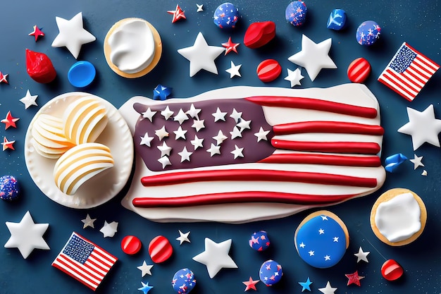 Happy Independence Day 4th july with american flag decorated of sweet foods Generative Ai