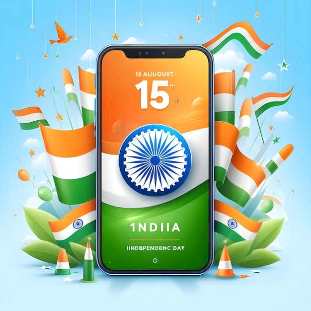 Happy Independence Day India 3D Mobile Design with Vibrant Tricolor