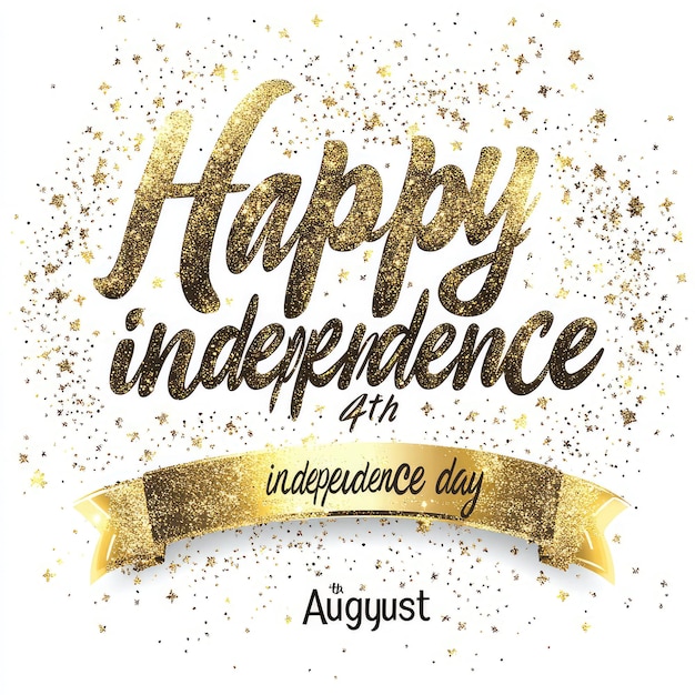 happy independence day with gold ribbon and sparkling fireworks